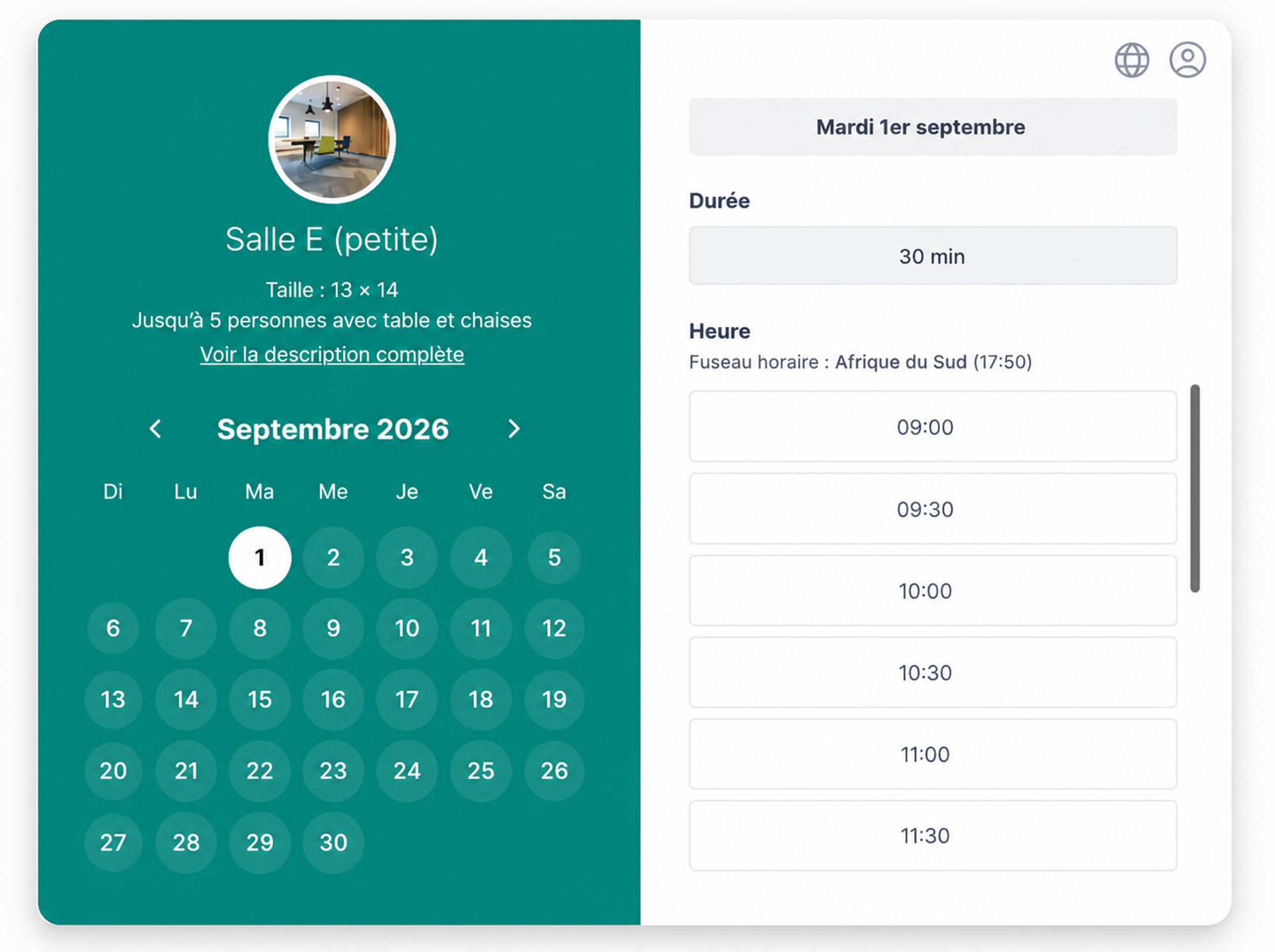 page de réservation pour la location d’une salle, créée avec Koalendar, le meilleur logiciel de planification de ressources